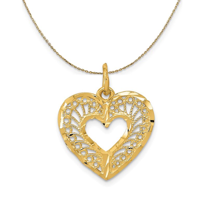 14k Yellow Gold Diamond Cut Filigree Heart (17mm) Necklace - 16 Inch